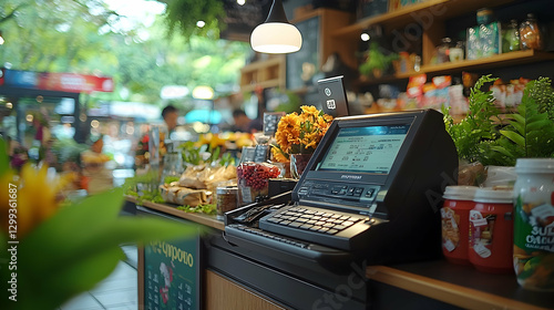 POS system at outdoor market cafe checkout