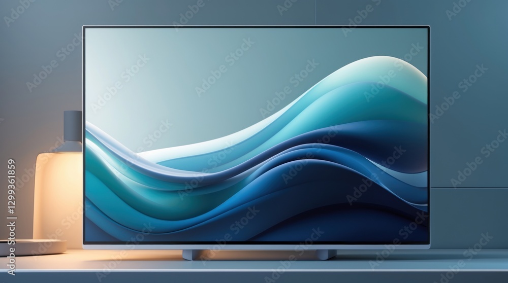 Naklejka premium Modern Monitor Displaying Abstract Waves with Ambient Lighting Setup