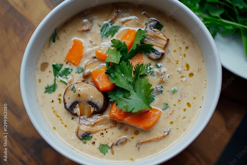 A steaming bowl of creamy soup filled with tender mushrooms and carrots is garnished with fresh herbs, showcasing a delicious meal prepared in a warm kitchen setting A steaming bowl of creamy soup filled with tender mushrooms and carrots is garnished with fresh herbs, showcasing a delicious meal prepared in a warm kitchen setting