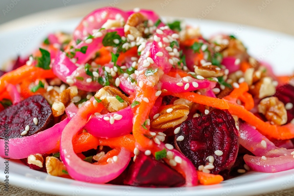 A vibrant salad features beetroot, carrots, and onions topped with sesame seeds and mixed nuts. The dish is fresh and healthy, ideal for a light lunch or dinner A vibrant salad features beetroot, carrots, and onions topped with sesame seeds and mixed nuts. The dish is fresh and healthy, ideal for a light lunch or dinner