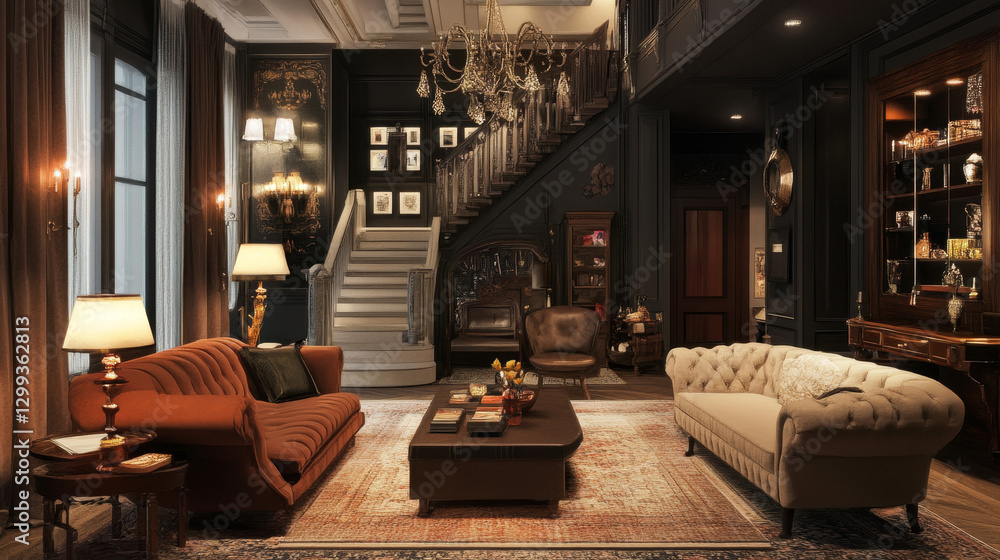 Open-concept living space with a mix of modern and vintage furniture Open-concept living space with a mix of modern and vintage furniture