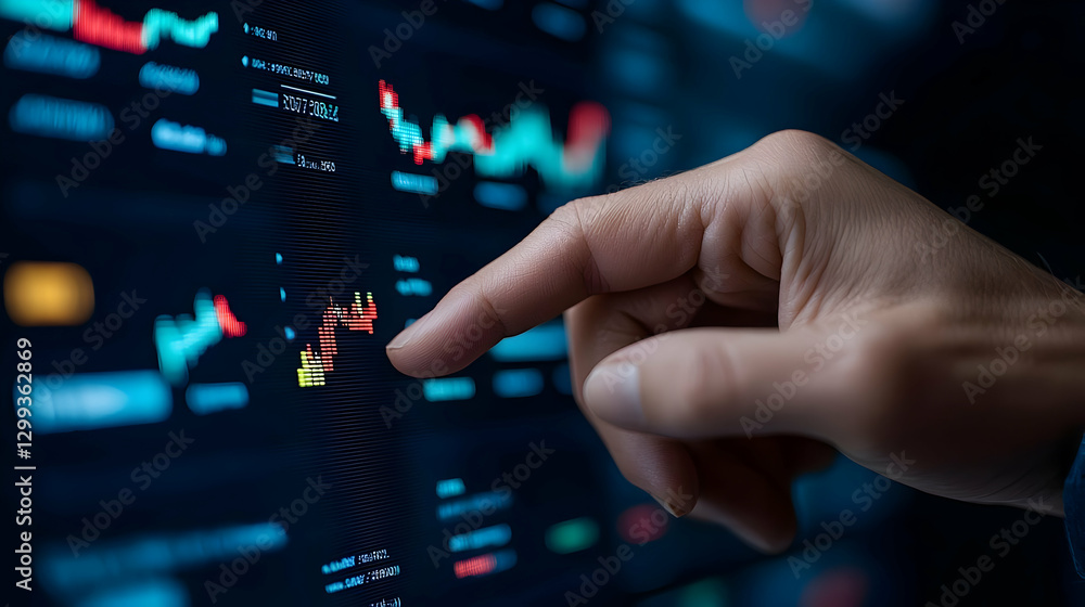Hand interacting with digital stock market chart on computer screen Hand interacting with digital stock market chart on computer screen