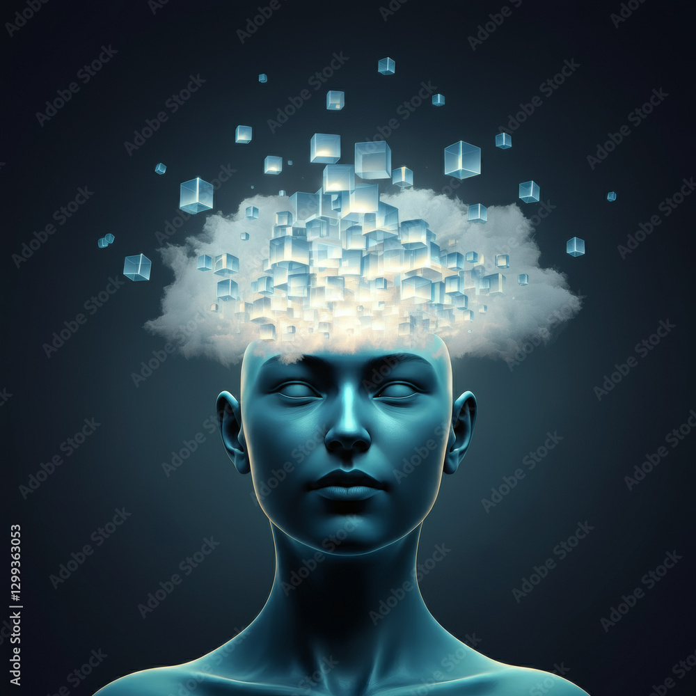 Obraz premium Surreal digital art of human head with glowing cubes and cloud symbolizing creative thoughts imagination deep intelligence