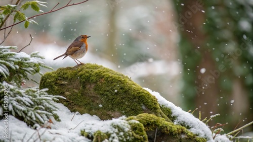 Snowy Robin on Mossy Rock W...