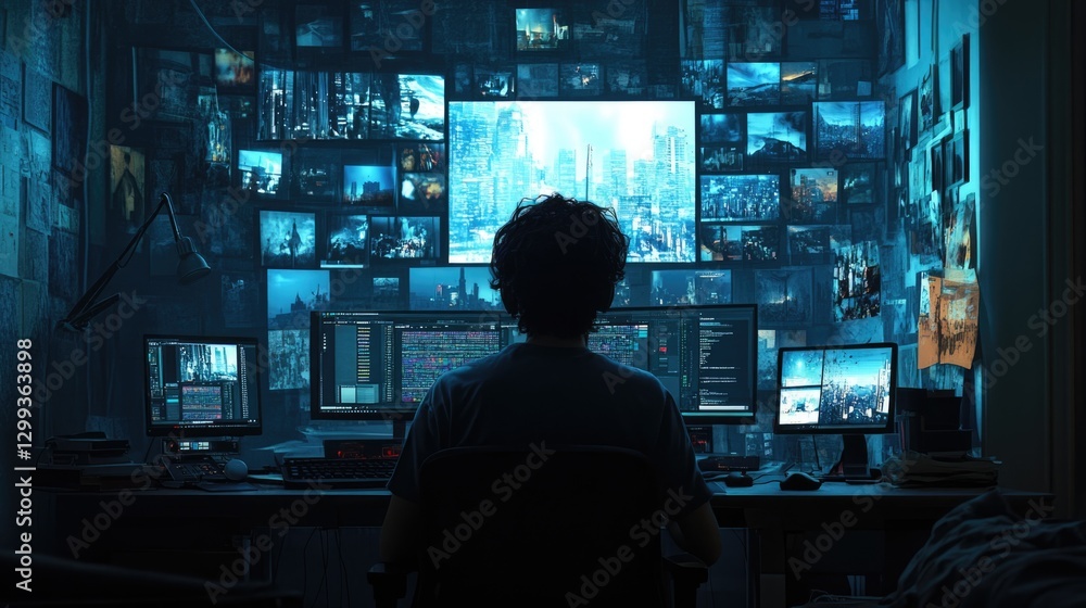Cyberpunk Cityscape: Hacker at Work in a Futuristic Digital World Cyberpunk Cityscape: Hacker at Work in a Futuristic Digital World