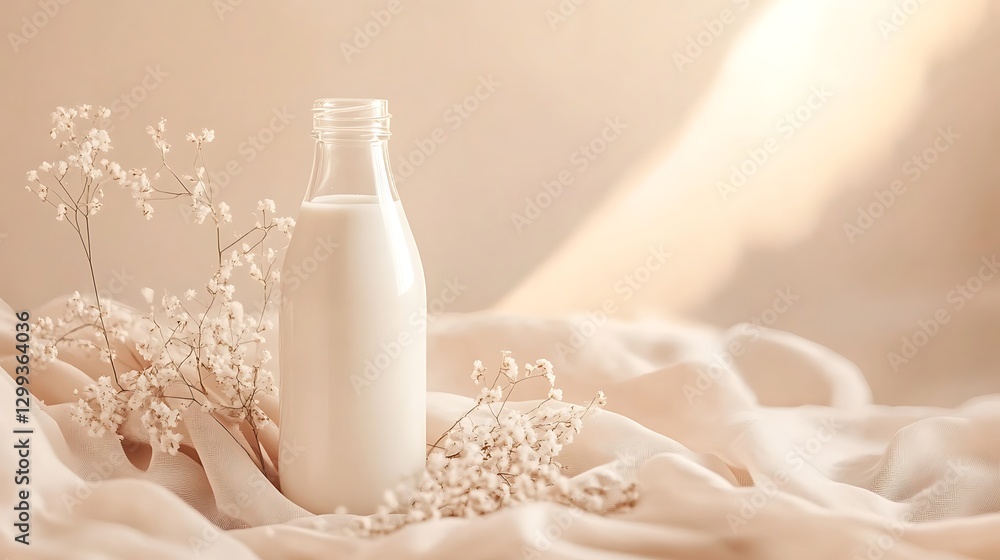 Glass bottle of milk with greenery and fabric natural design high resolution picture Glass bottle of milk with greenery and fabric natural design high resolution picture