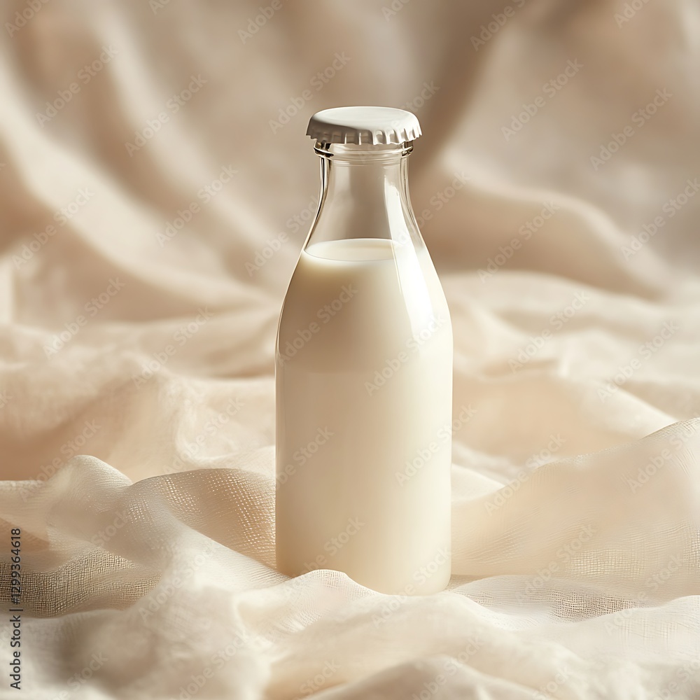 Milk in glass bottle surrounded by greenery and fabric background high resolution picture Milk in glass bottle surrounded by greenery and fabric background high resolution picture