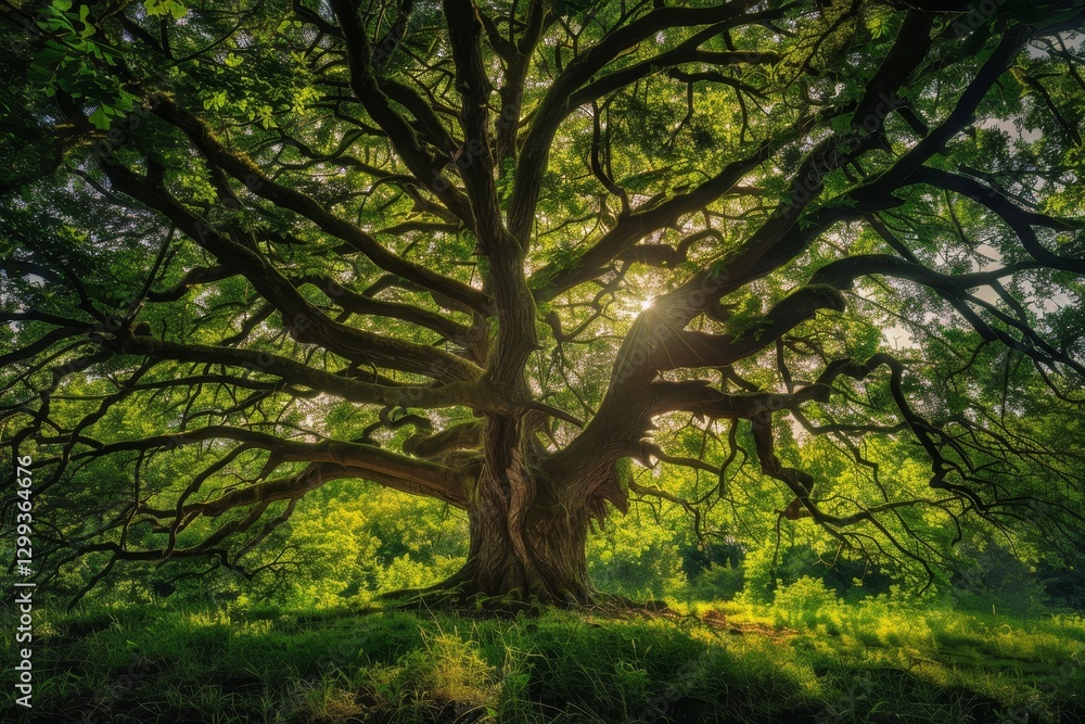 A large, ancient tree with gnarled branches reaching towards the sun in a vibrant forest, A majestic tree with twisting branches reaching towards the sky A large, ancient tree with gnarled branches reaching towards the sun in a vibrant forest, A majestic tree with twisting branches reaching towards the sky