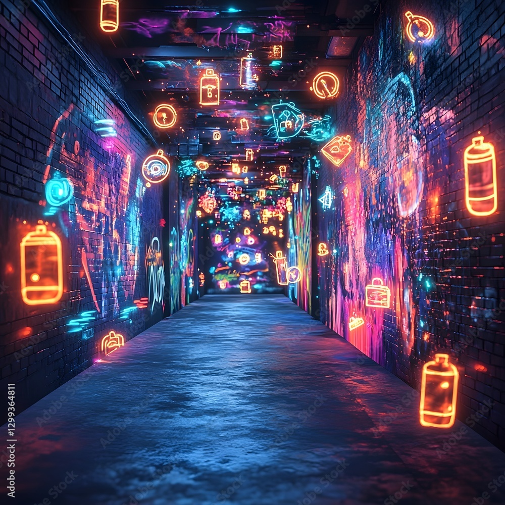 Fototapeta premium Neon Lit Futuristic Alley Showcasing Vibrant Digital Lighting and Surreal Atmosphere
