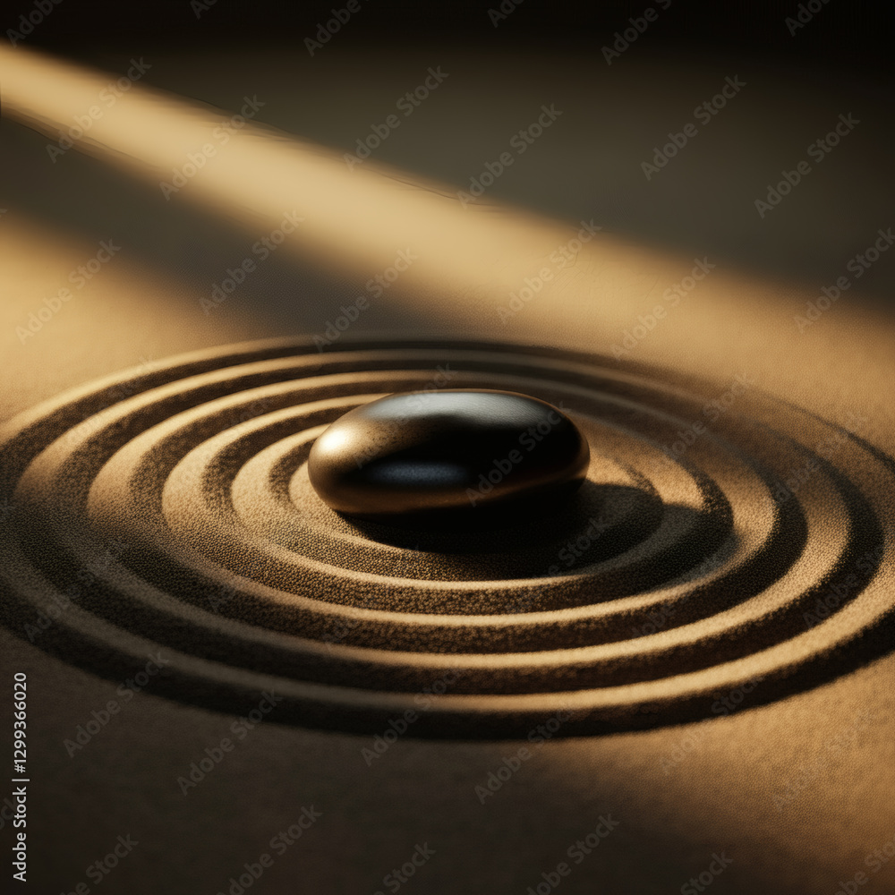 Fototapeta premium Zen garden meditation black stone ripples sand peace balance harmony tranquility mindfulness minimalism