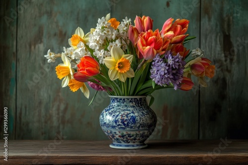 Wallpaper Mural Vibrant Spring Bouquet: Daffodils, Tulips, and Hyacinths in Ornate Vase Torontodigital.ca