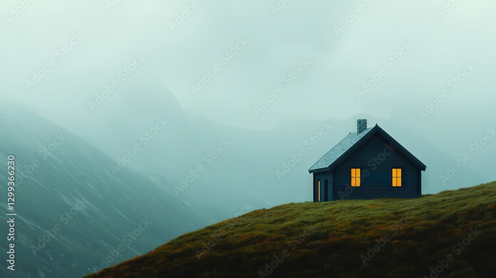 A tiny abode perched on a verdant hilltop, beside a towering mountain shrouded in fog and nestled amidst low-lying clouds A tiny abode perched on a verdant hilltop, beside a towering mountain shrouded in fog and nestled amidst low-lying clouds
