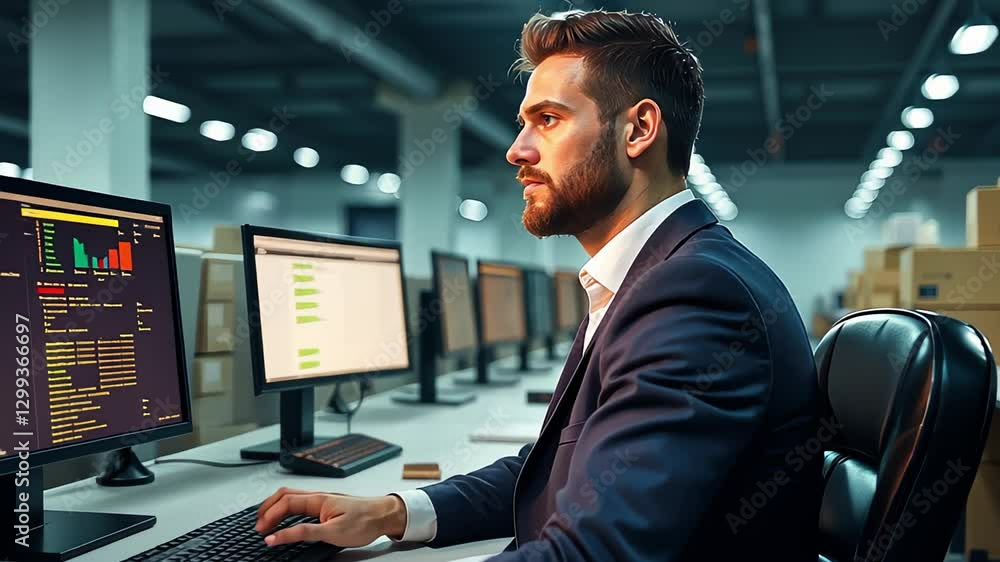 A dedicated businessman in a sleek office environment concentrates on multiple computer monitors, reflecting a professional atmosphere with focused intensity and technological sophistication. A dedicated businessman in a sleek office environment concentrates on multiple computer monitors, reflecting a professional atmosphere with focused intensity and technological sophistication.