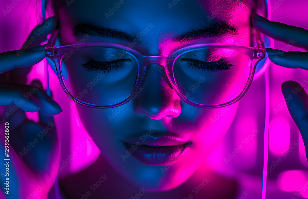 Jolie femme à la mode avec des écouteurs écoutant de la musique sur fond de néon rose au studio. Jolie femme à la mode avec des écouteurs écoutant de la musique sur fond de néon rose au studio.