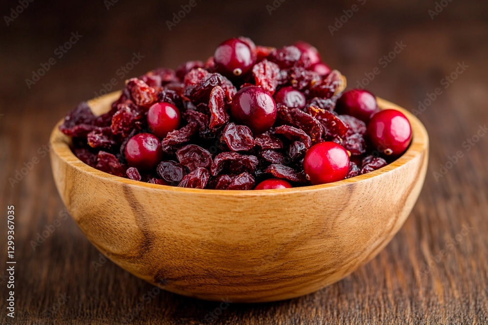 A wooden bowl is filled with dried cranberries and fresh red berries, showcasing a rich texture and vibrant colors against a dark wooden table A wooden bowl is filled with dried cranberries and fresh red berries, showcasing a rich texture and vibrant colors against a dark wooden table