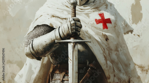 A Templar knight gripping the hilt of a sword, the red cross on his white cloak visible