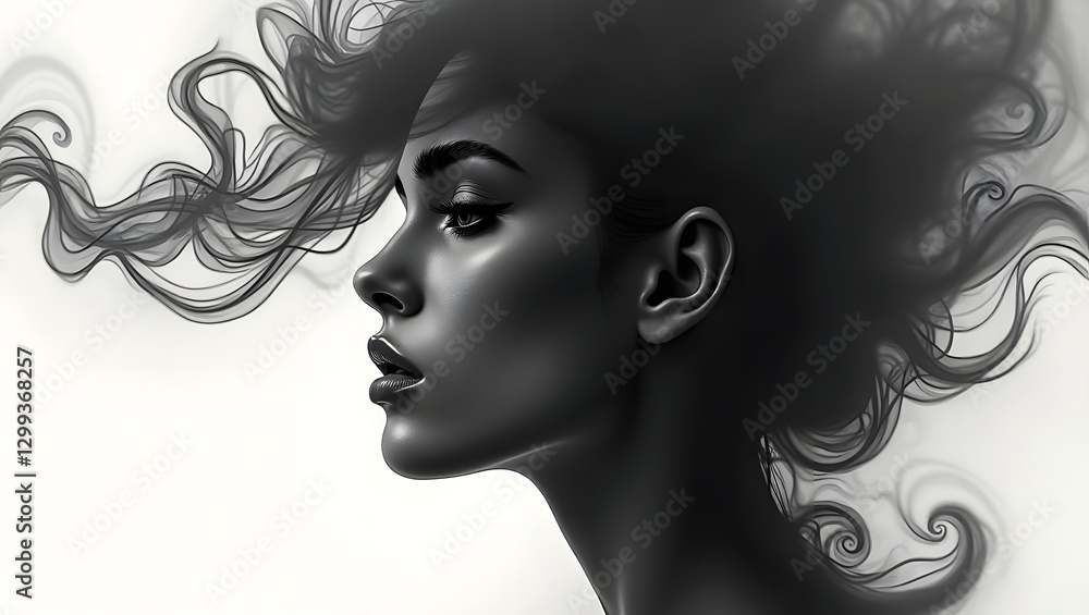 Monochrome profile of woman with flowing hair in artistic digital painting Monochrome profile of woman with flowing hair in artistic digital painting