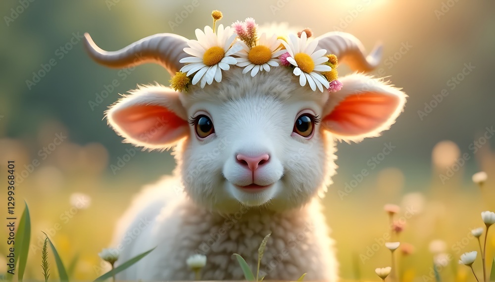 süßes Lamm mit Gänseblümchenkrone. Generative KI süßes Lamm mit Gänseblümchenkrone. Generative KI