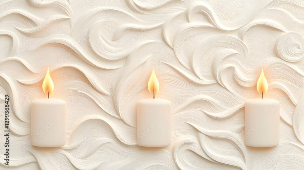 Elegant White Candles with Flame on Textured Cream Background Elegant White Candles with Flame on Textured Cream Background