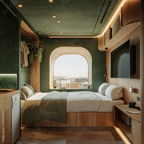 Modern Hotel Room with City View: A tranquil and stylish hotel room features a cozy bed, a large arched window offering stunning city views, and wooden accents throughout.