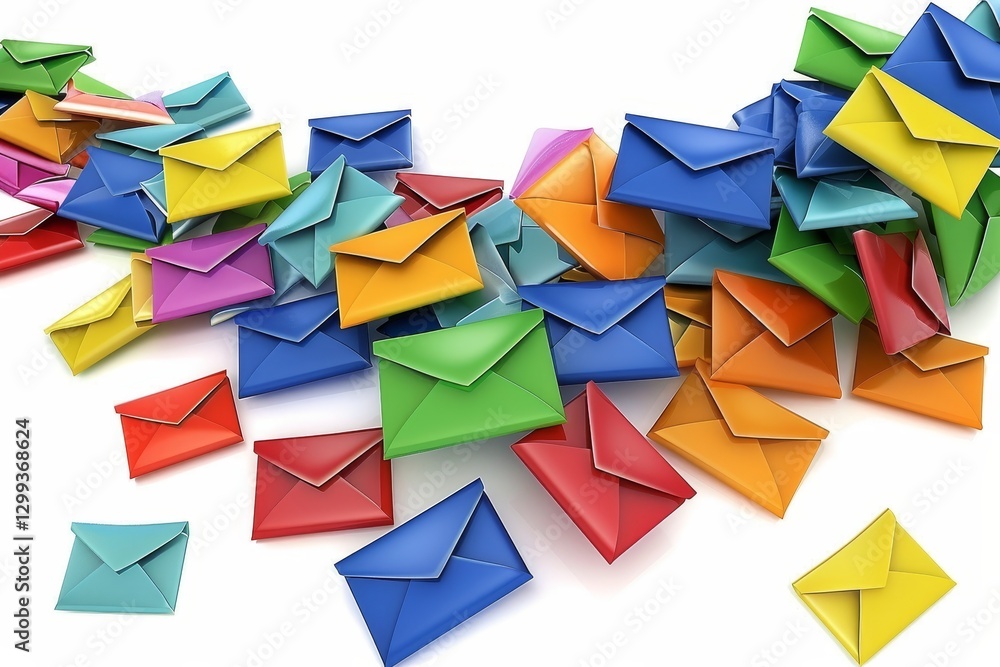A collection of colorful envelopes are scattered on a white background, Developing targeted email marketing campaigns A collection of colorful envelopes are scattered on a white background, Developing targeted email marketing campaigns