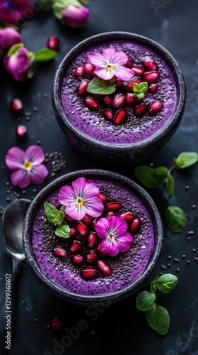 Wallpaper Mural Delicious purple smoothie bowls garnished with edible flowers and pomegranate seeds Torontodigital.ca