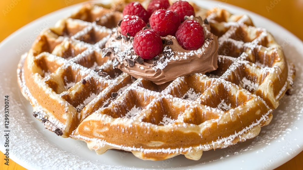 Delicious Waffles with Chocolate Cream and Raspberries Delicious Waffles with Chocolate Cream and Raspberries