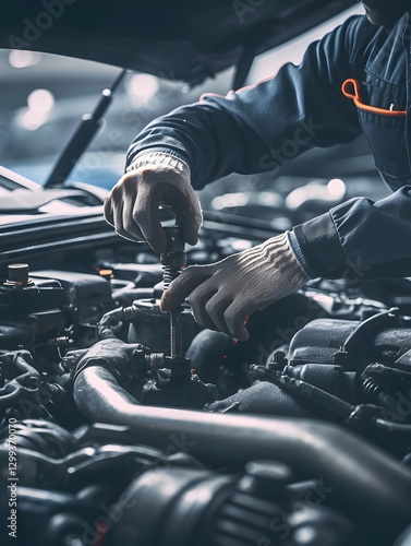 Skilled Mechanic Repairing Car Engine with Tools in Auto Repair Workshop
