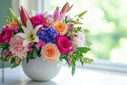 Wallpaper Mural Colorful Spring Bouquet of Roses, Lilies, and Peonies in White Vase Torontodigital.ca