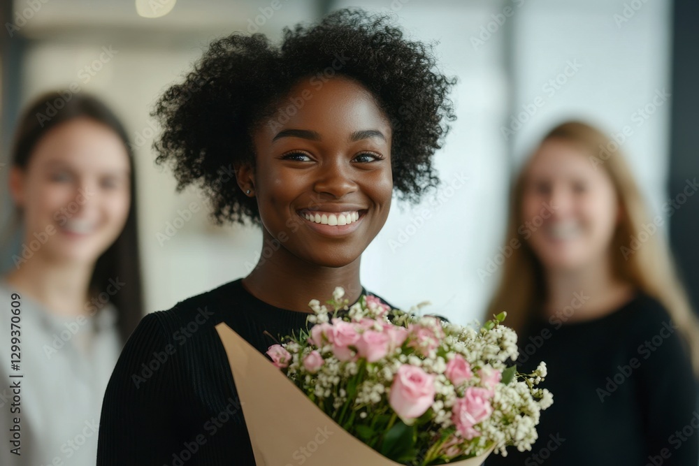 Radiant Woman Receives Bouquet of Pink Roses with Joyful Smile Radiant Woman Receives Bouquet of Pink Roses with Joyful Smile