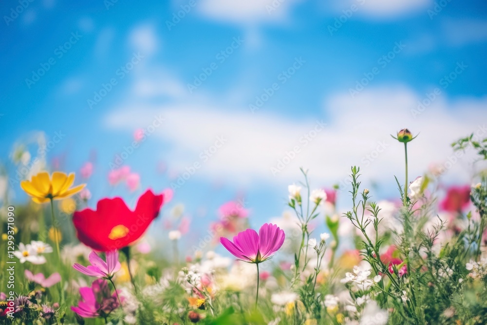 Vibrant Field of Wildflowers Blooming Under a Clear Blue Sky on a Sunny Day Vibrant Field of Wildflowers Blooming Under a Clear Blue Sky on a Sunny Day