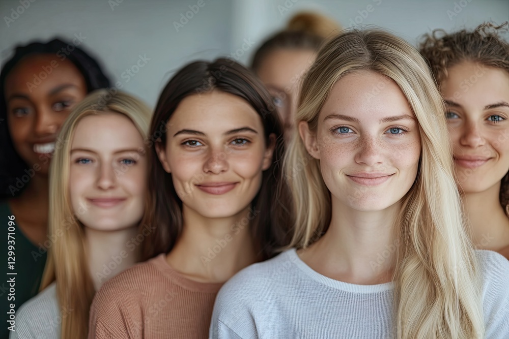 Smiling group of diverse young women showcasing unity and friend Smiling group of diverse young women showcasing unity and friend