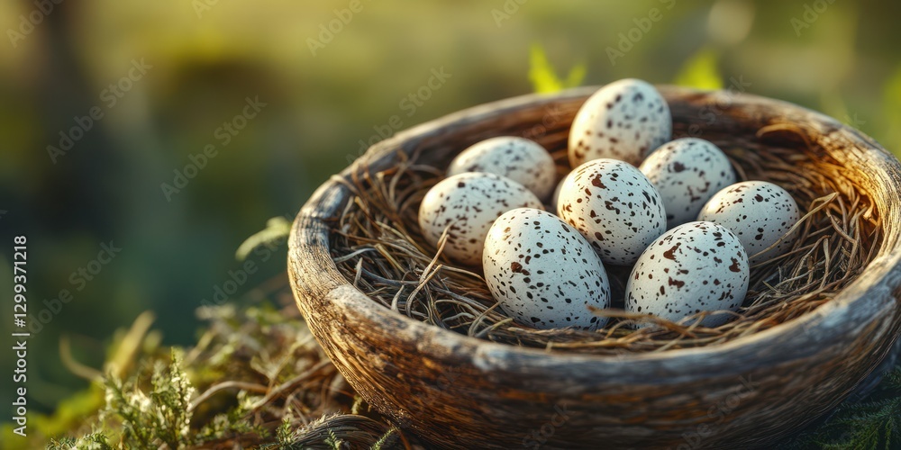 Nest containing speckled eggs resting in a wooden bowl surrounded by green foliage in natural light Nest containing speckled eggs resting in a wooden bowl surrounded by green foliage in natural light