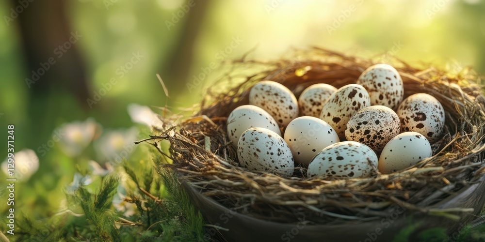 Nest filled with spotted eggs in a serene forest setting during golden hour Nest filled with spotted eggs in a serene forest setting during golden hour