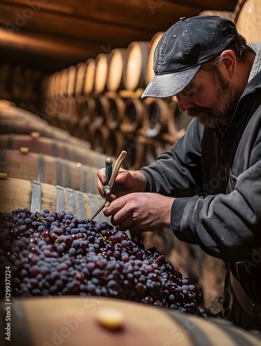 Harvested Grapes Being Carefully Processed in Winery Cellar