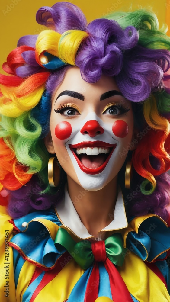 Obraz premium A woman dressed as a clown with colorful hair.