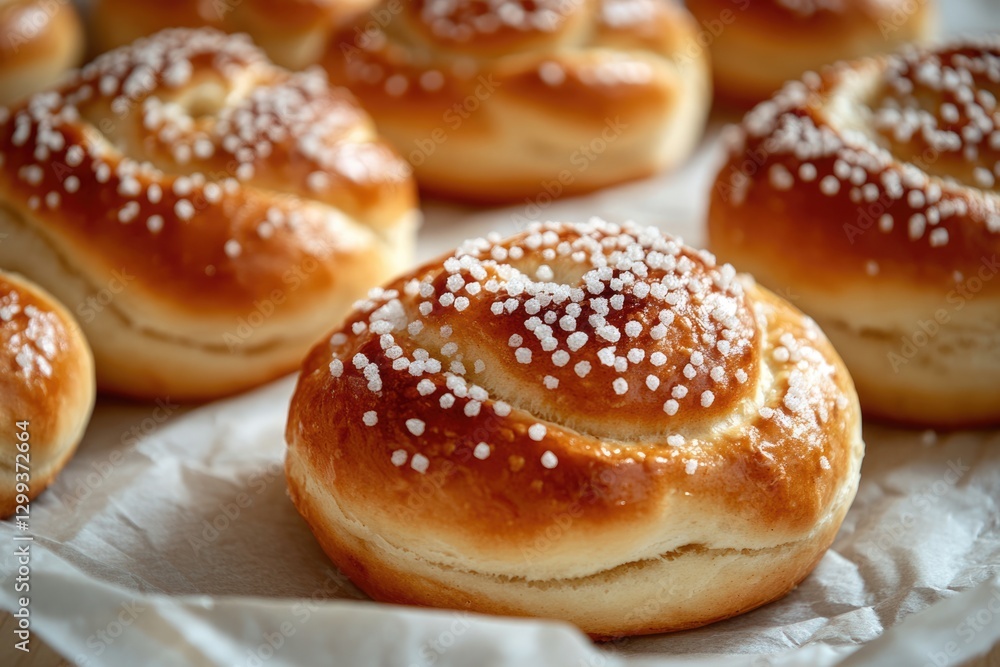 Golden Brown Sugar-Coated Bread Rolls on Baking Paper Golden Brown Sugar-Coated Bread Rolls on Baking Paper