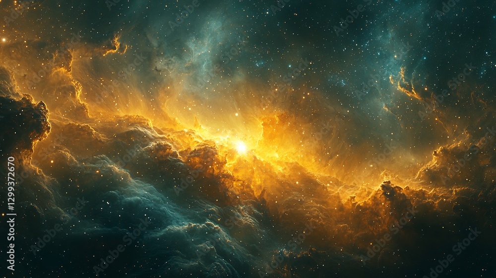 Fototapeta premium Newly formed yellow dwarf emerging from a dense molecular cloud its light piercing through cosmic dust