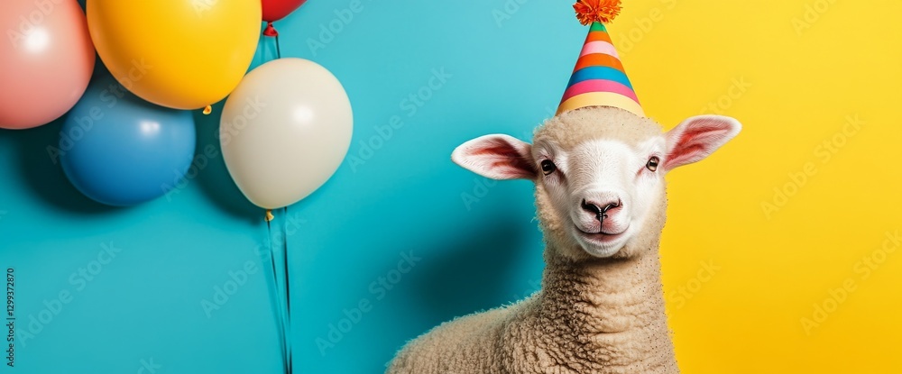 Fototapeta premium A festive sheep wearing a party hat, in the midst of bright confetti and balloons
