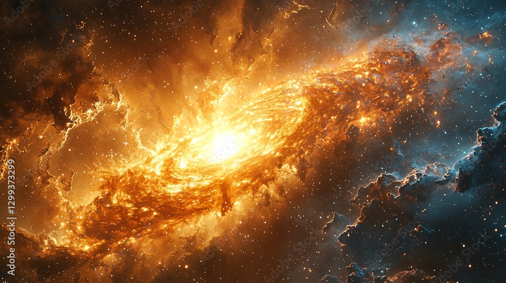 Fototapeta premium Nova colliding with an interstellar gas cloud triggering the birth of new stars in a dazzling celestial display