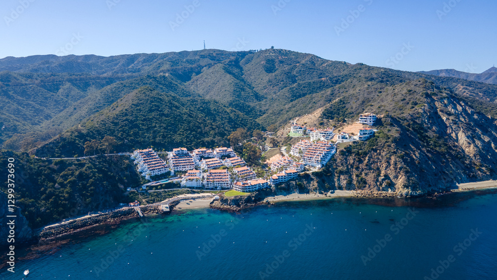 Fototapeta premium Explore stunning photos of Hamilton Cove, Catalina Island, featuring scenic coastlines, turquoise waters, and beautiful Mediterranean-style villas.
