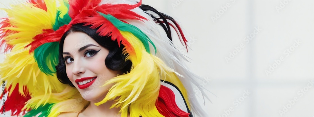 Fototapeta premium A woman wearing a colorful headdress with feathers on her head.