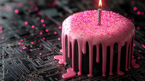 A birthday cake adorned with a lit candle, placed on a vibrant circuit board, celebrating digital successes photo