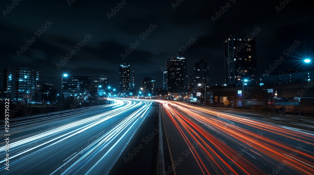 An urban night view with light trails from cars winding through the cityscape An urban night view with light trails from cars winding through the cityscape