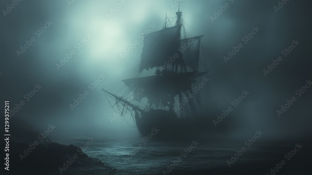 Mysterious ghost ship sailing in foggy waters with eerie atmosphere Mysterious ghost ship sailing in foggy waters with eerie atmosphere