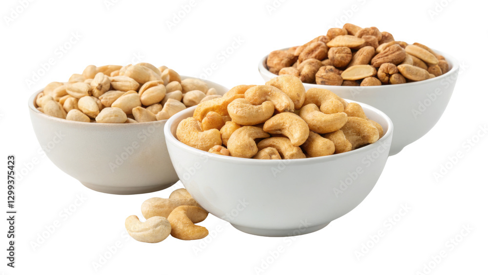 Three Bowls of Roasted Cashews, Peanuts, and Mixed Nuts Isolated on Transparent Background, Food Photography, Nuts, Cashews, Peanuts, Snack Three Bowls of Roasted Cashews, Peanuts, and Mixed Nuts Isolated on Transparent Background, Food Photography, Nuts, Cashews, Peanuts, Snack