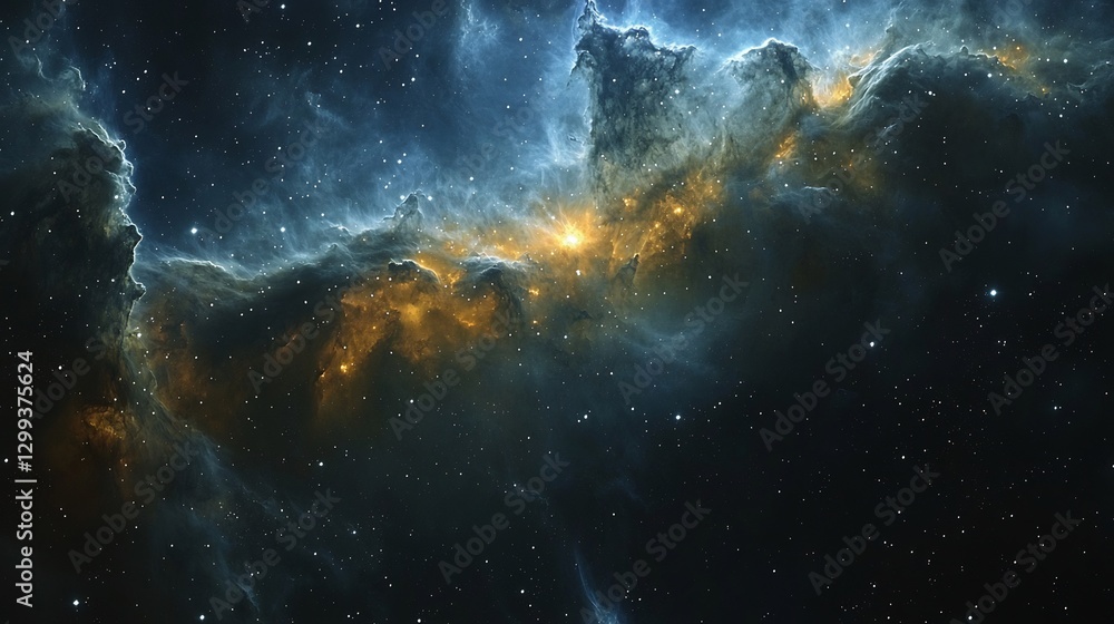 Fototapeta premium Protostar barely visible behind a thick dust cloud its hidden glow scattering through the cosmic mist