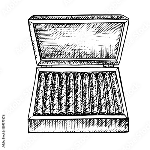 A box of expensive cigarettes. A hand-drawn vector graphic illustration. Black and white image of a vintage tobacco product. Separate from the background. For posters and banners, flyers, packages.