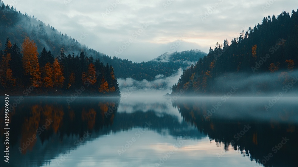 Naklejka premium A dense forest, at midday, surrounds a foggy body of water amidst towering trees