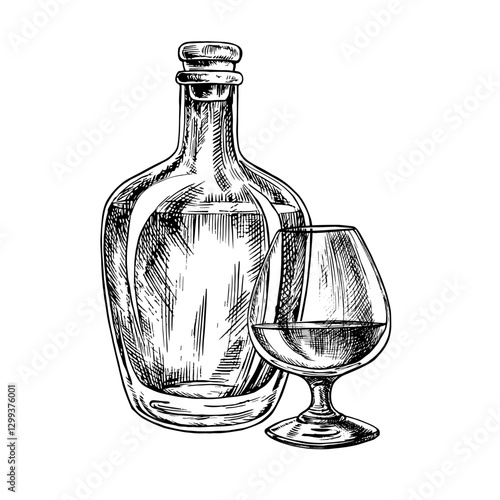 A bottle and a glass of cognac. A hand-drawn vector graphic illustration. Black and white image of an alcoholic beverage. Separate from the background. Perfect for menus, banners, flyers, packages.